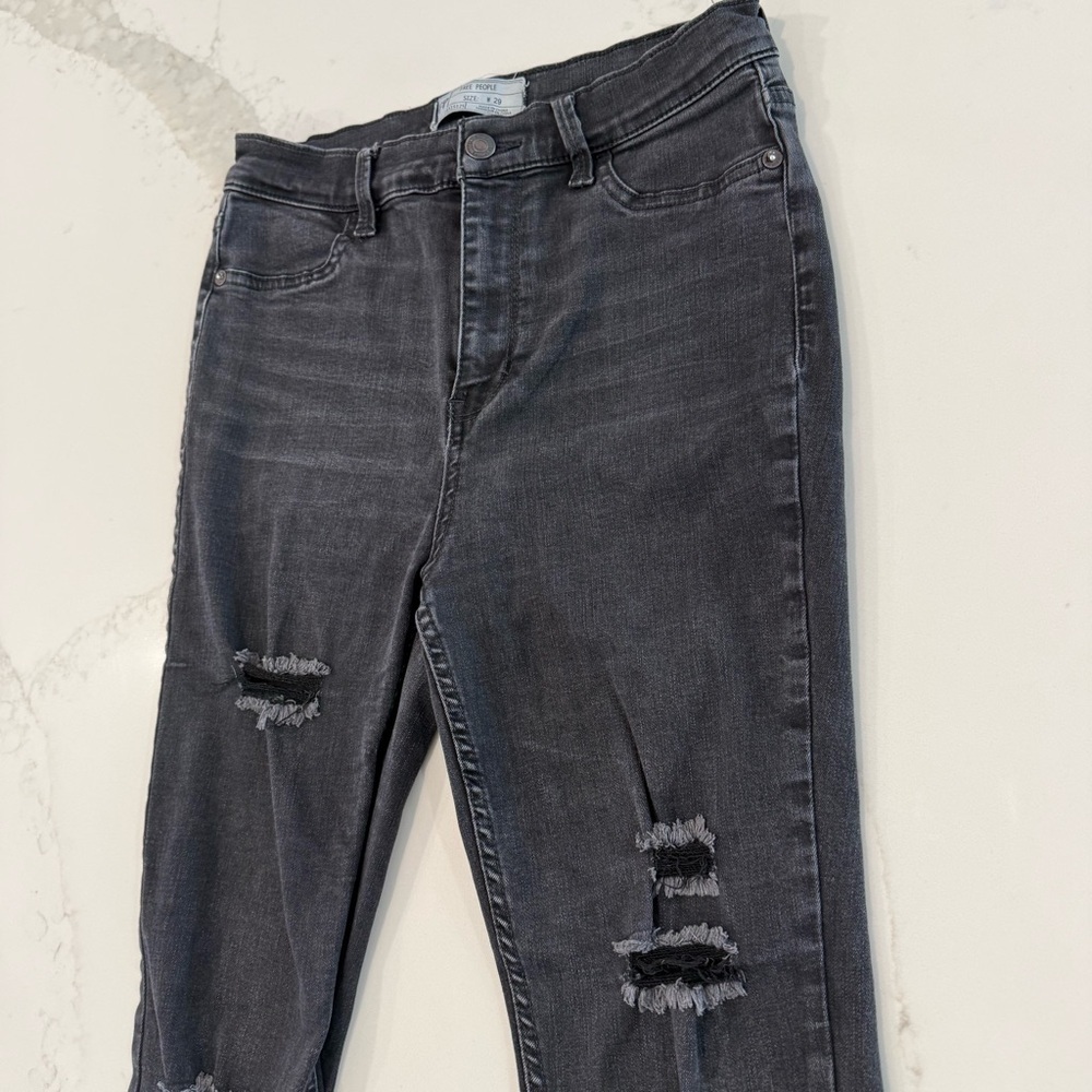 Free People Distressed High Rise Black Denim Jeans Womens 29 Stretch Grunge Edgy - Picture 3 of 7